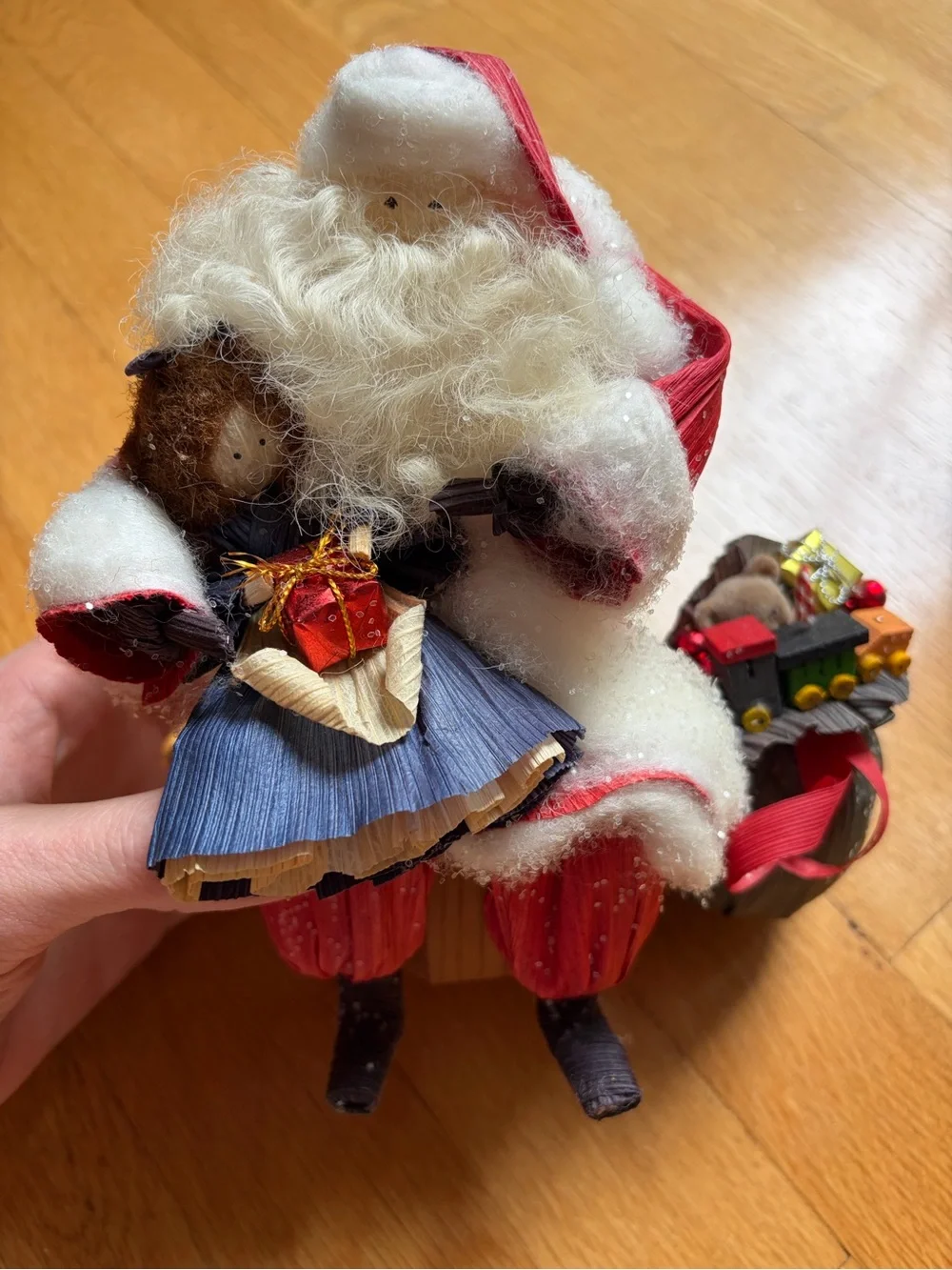 vintage nan’s cornhusk doll santa with child on lap